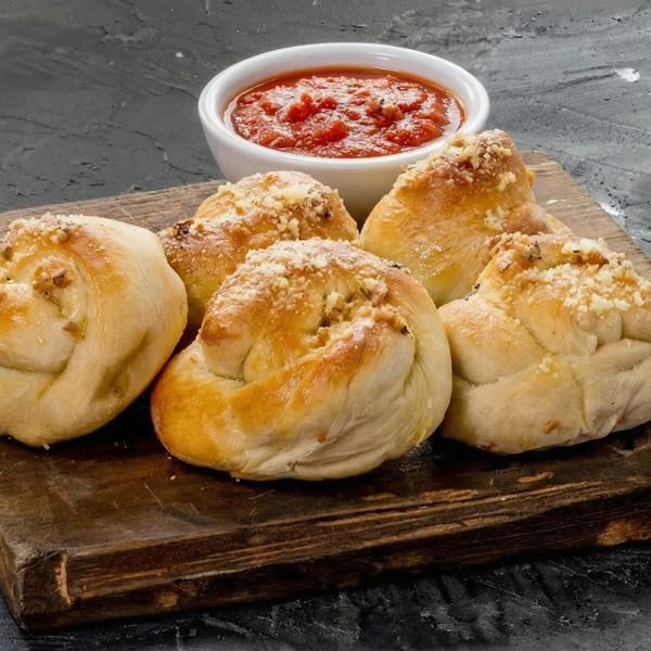 Five garlic knots with parmesan cheese and a side of marinara sauce on a wooden board.