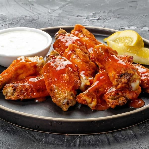 A plate of New York Pizza and Pints' buffalo wings with ranch dressing and lemon wedges.