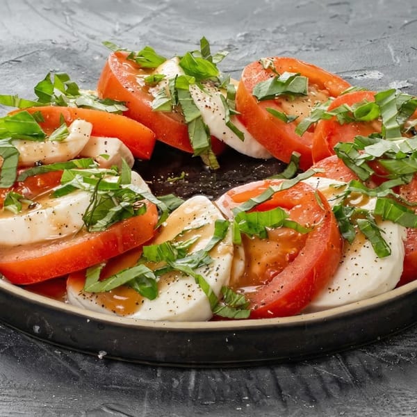 Caprese salad with sliced tomatoes, mozzarella, fresh basil, and balsamic glaze on a dark plate.