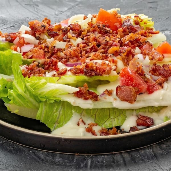 Wedge salad with lettuce, tomatoes, onions, bacon bits, and creamy dressing in a black bowl.