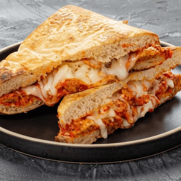 A New York Pizza and Pints calzone, cut in half, revealing melted cheese and red sauce.