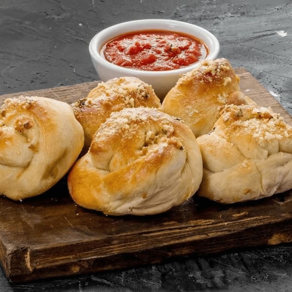 Five golden-brown garlic knots with parmesan cheese, served on a wooden board with a side of marinara sauce.