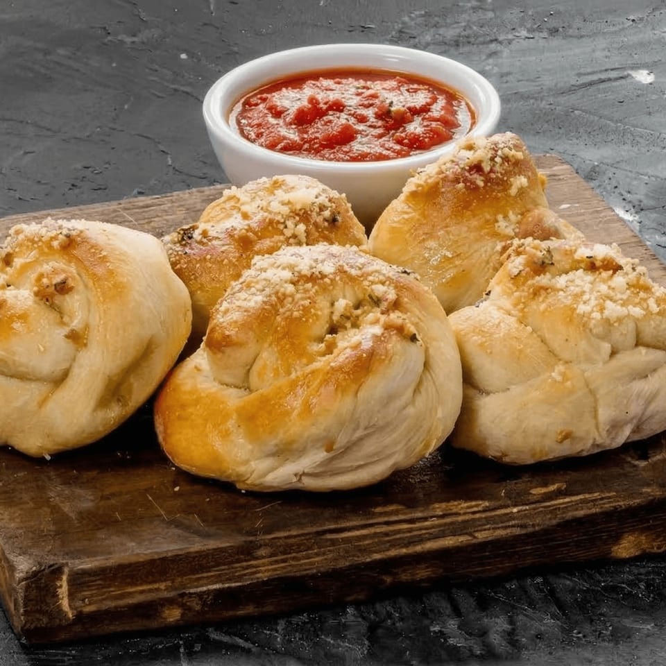 Five golden-brown garlic knots with parmesan cheese, served on a wooden board with a side of marinara sauce.
