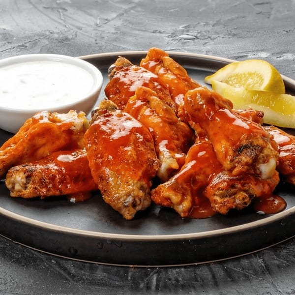 New York Pizza and Pints' buffalo wings, with ranch dressing and lemon wedges on a dark plate.