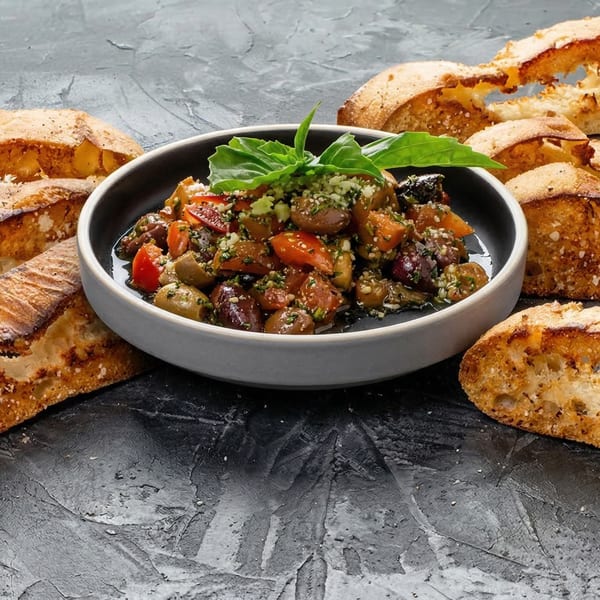 A bowl of caponata with basil and bread slices on a dark, textured surface.