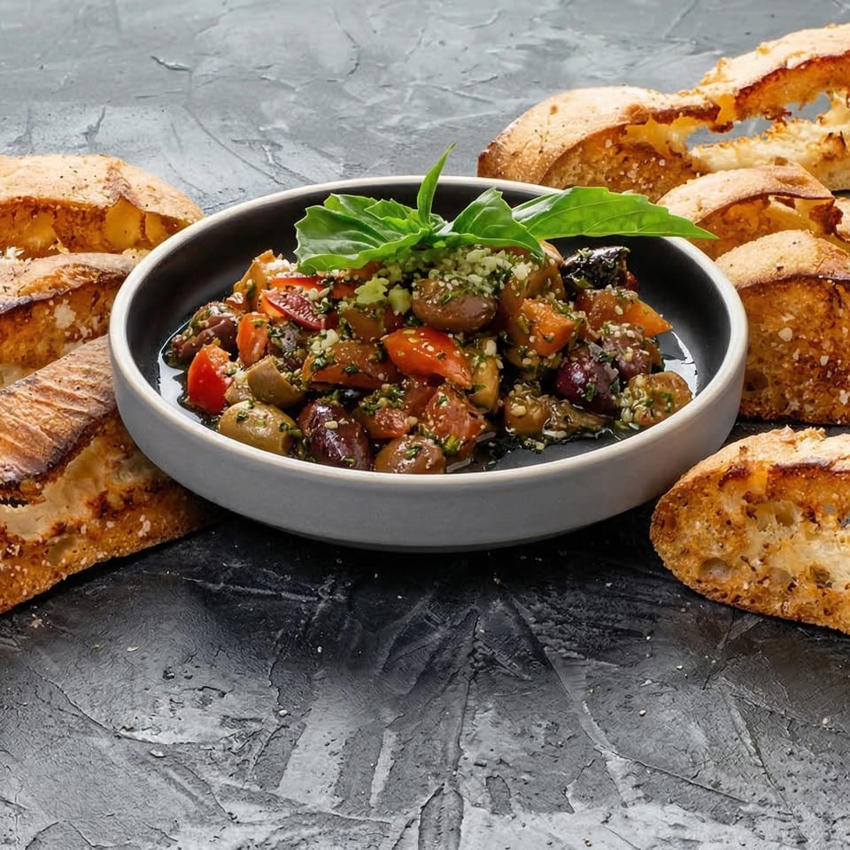 A bowl of caponata with basil and bread slices on a dark, textured surface.